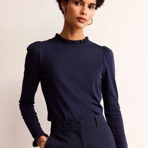 Boden Supersoft frill neck detail long sleeve top green and blue print M